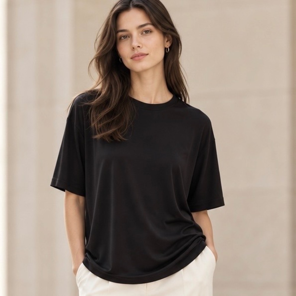 NWT LILYSILK 100% Mulberry Silk Jersey Oversized Tee Shirt Black Quiet Luxury L